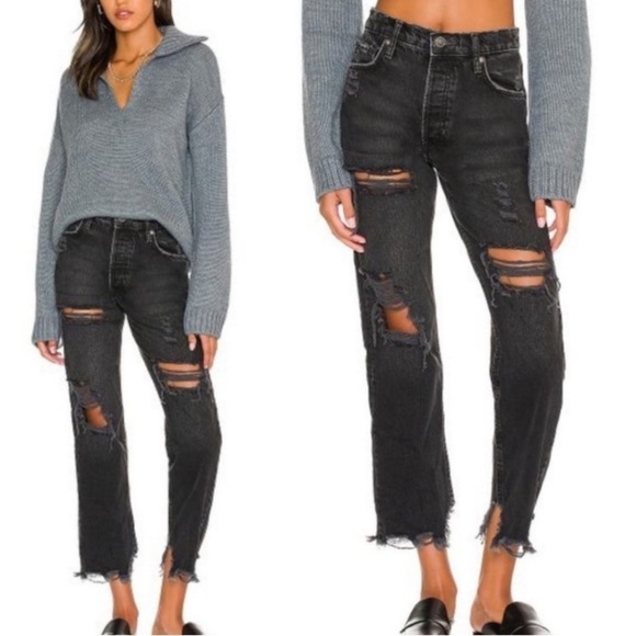 Free People We The Free Obsidian Distressed Tapered Baggy Boyfriend Jeans - Picture 12 of 17